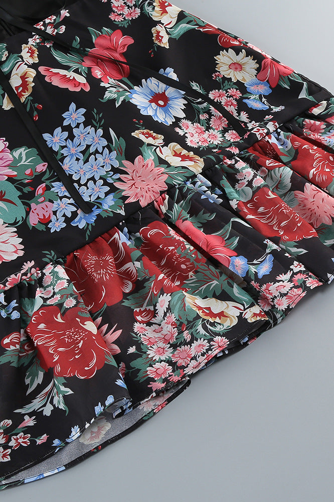 
                      
                        Straps Black Floral Print Ruffle Tiered Long Dress
                      
                    