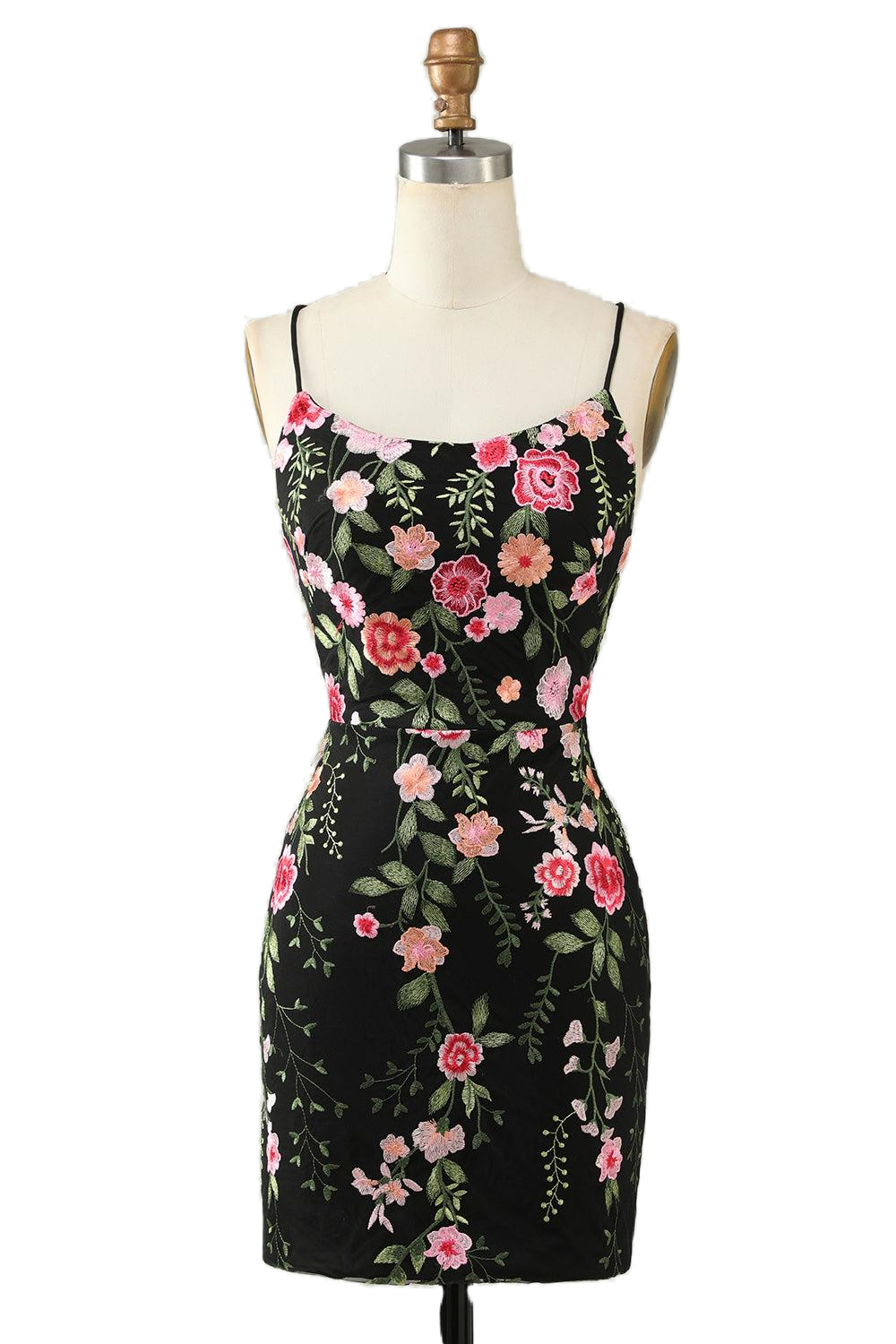 Straps Black Flower Embroidery Bodycon Short Dress