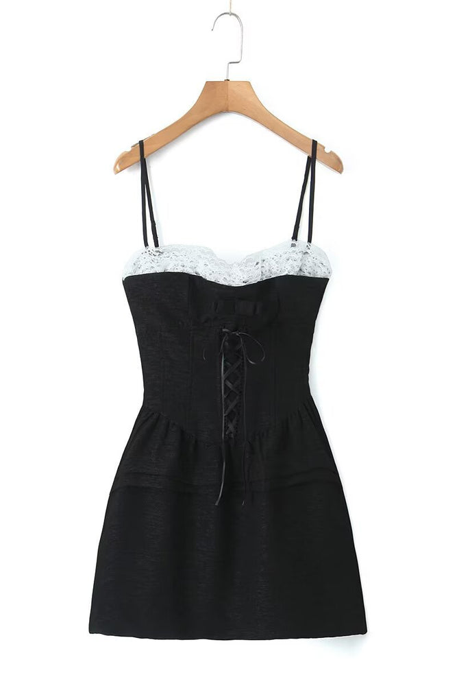 
                      
                        Straps Black Lace Stitching Tiered Short Dress
                      
                    