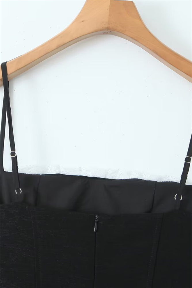 
                      
                        Straps Black Lace Stitching Tiered Short Dress
                      
                    