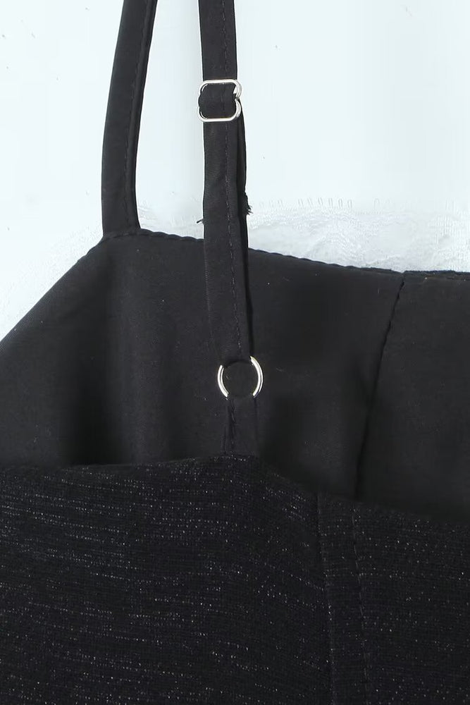 
                      
                        Straps Black Lace Stitching Tiered Short Dress
                      
                    