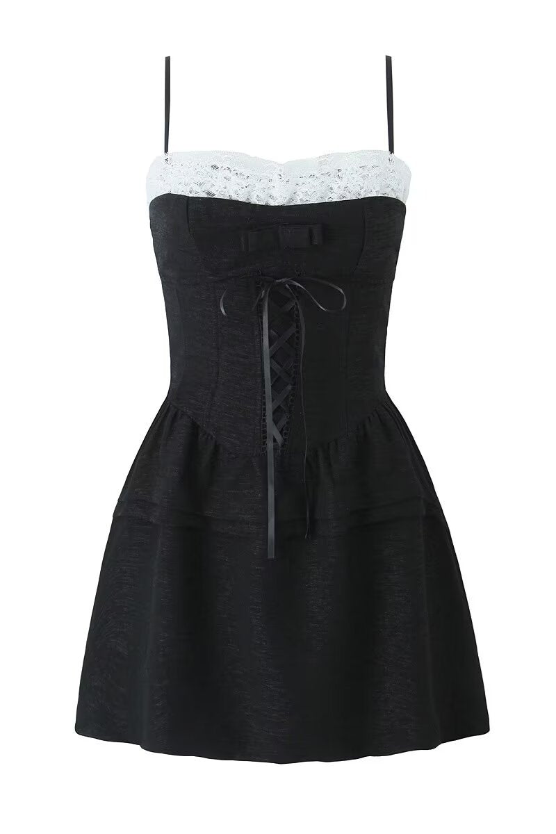 Straps Black Lace Stitching Tiered Short Dress