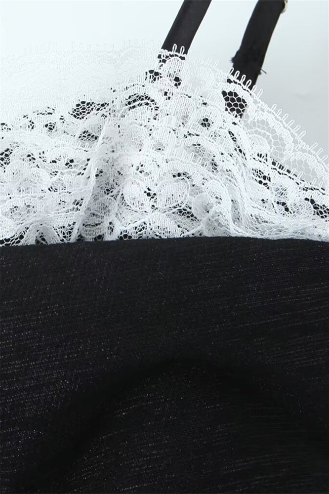 
                      
                        Straps Black Lace Stitching Tiered Short Dress
                      
                    