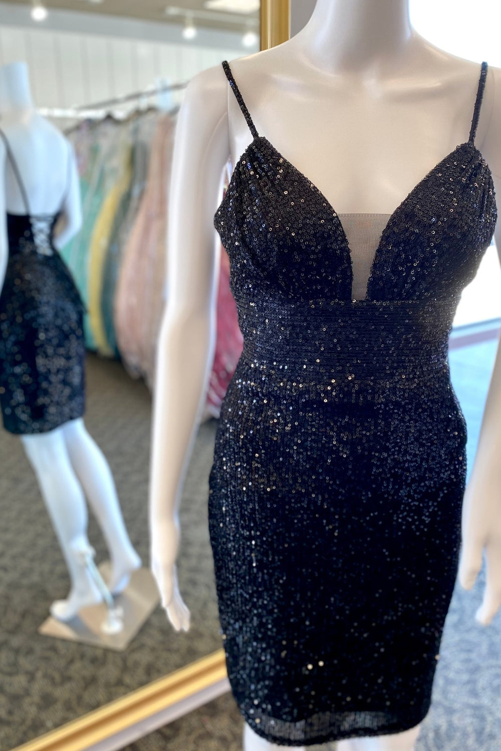 Straps Black Sequin Bodycon Short Dress