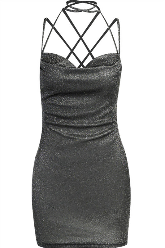 Straps Black Sparkle Lace-up Bodycon Short Dress