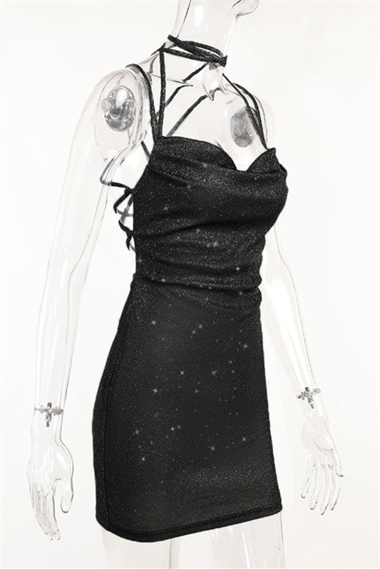 
                      
                        Straps Black Sparkle Lace-up Bodycon Short Dress
                      
                    
