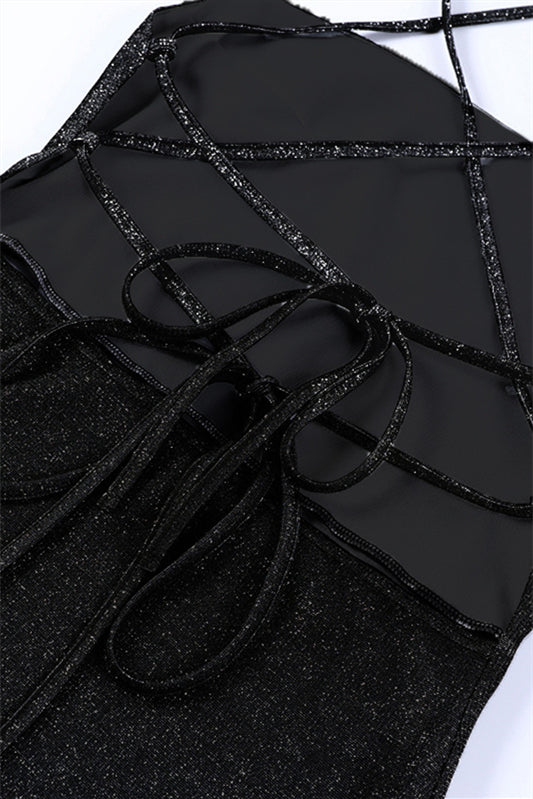 
                      
                        Straps Black Sparkle Lace-up Bodycon Short Dress
                      
                    