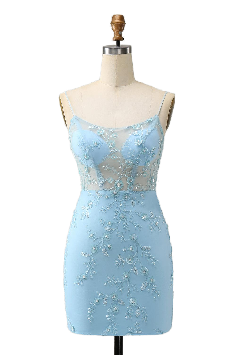 Straps Blue Beaded Bodycon Short Princess Dress