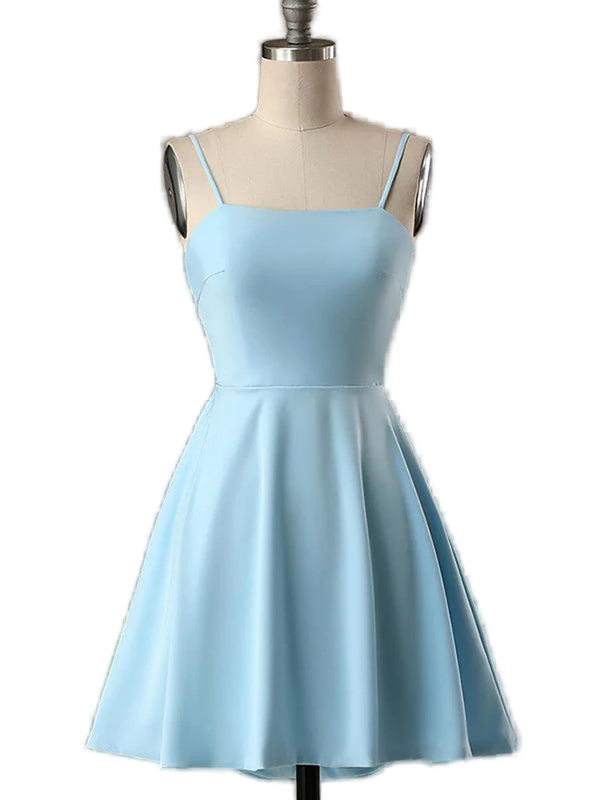 Straps Blue Bow Back Short Homecoming Dress