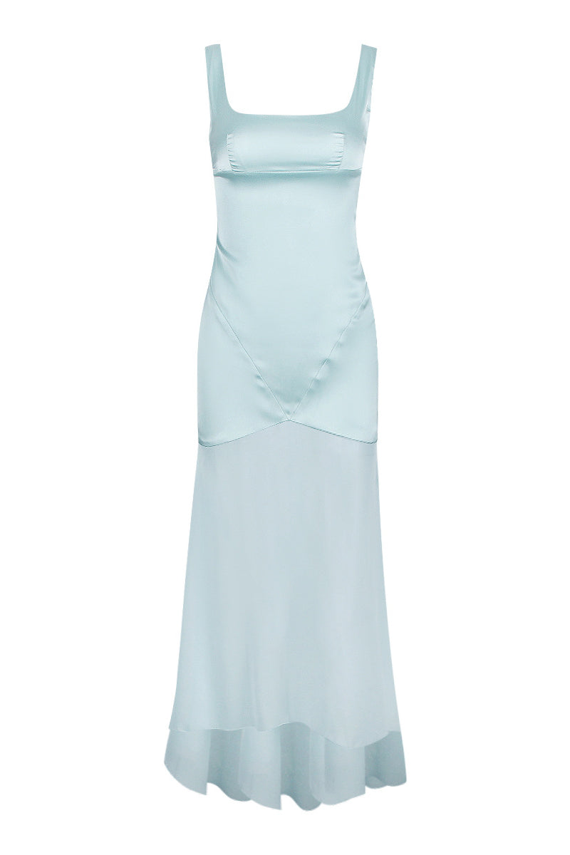 Straps Blue Chiffon Spliced Sheath Long Dress