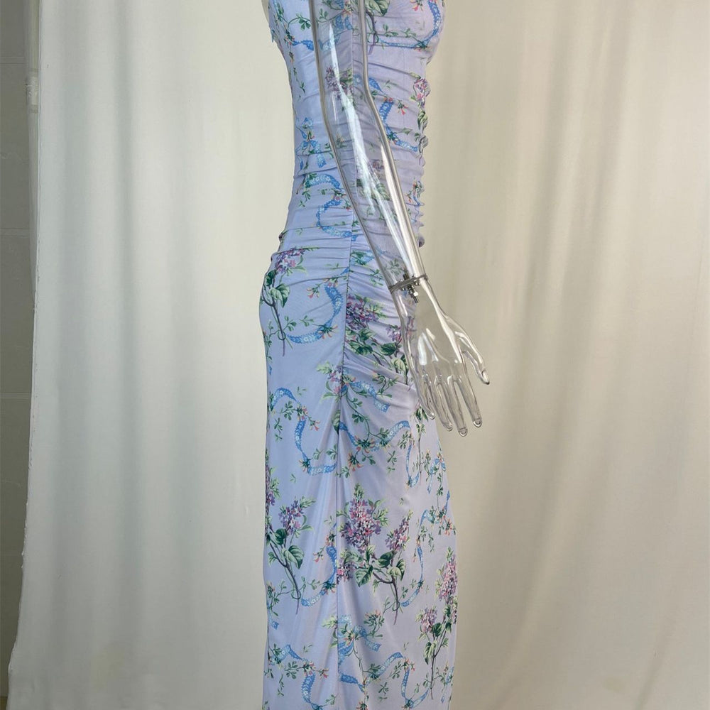 
                      
                        Straps Blue Floral Print Maxi Dress with Slit
                      
                    