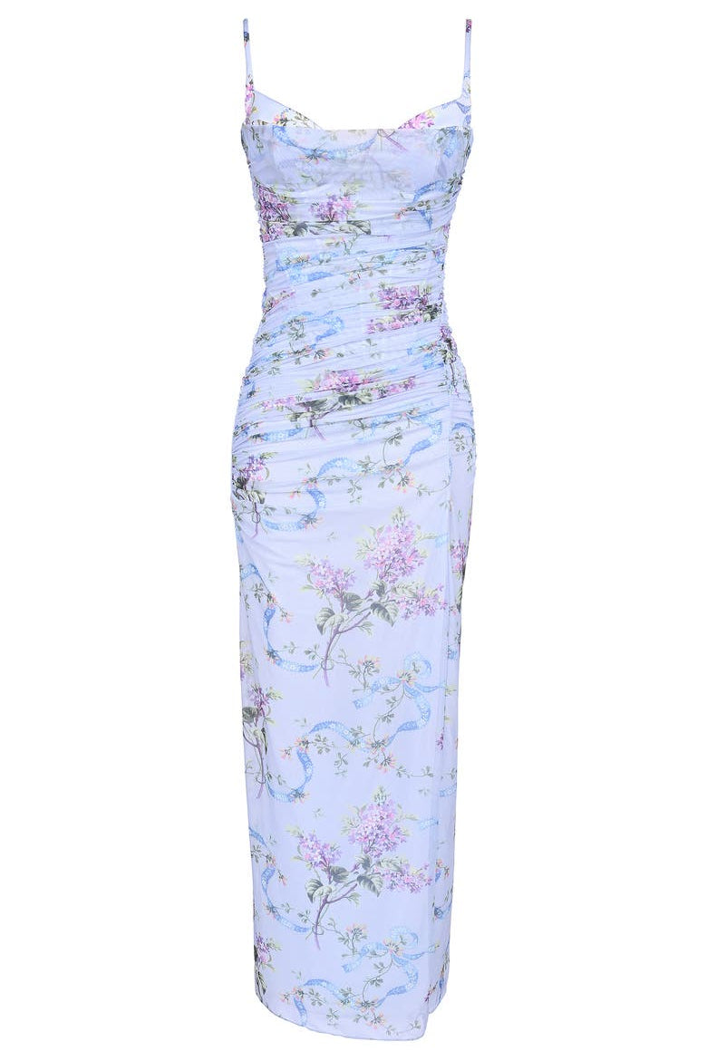 Straps Blue Floral Print Maxi Dress with Slit