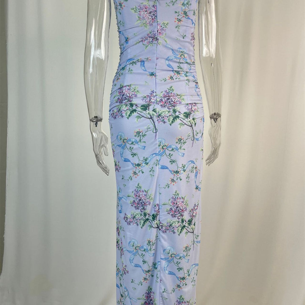 
                      
                        Straps Blue Floral Print Maxi Dress with Slit
                      
                    