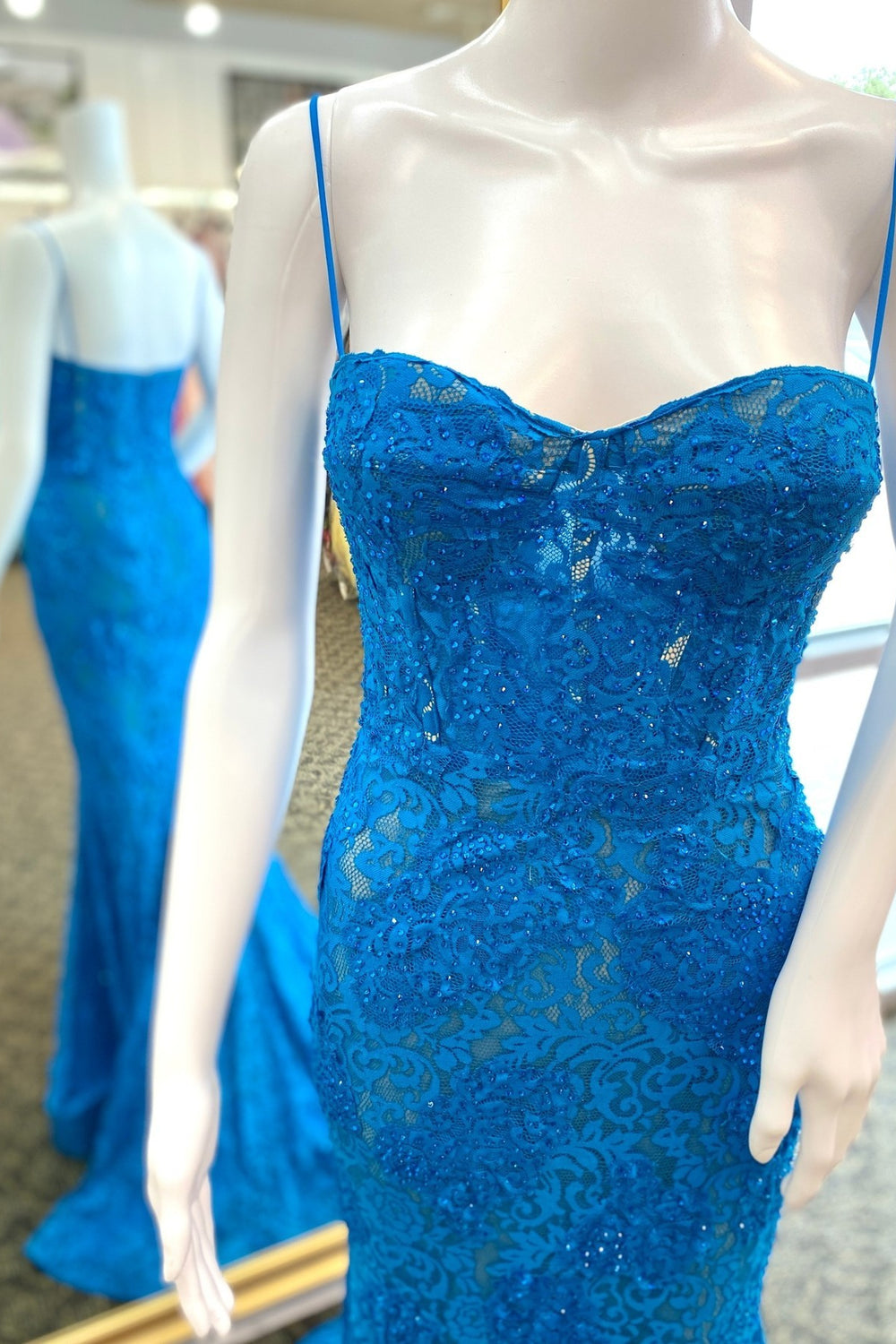 Straps Blue Lace Appliques Mermaid Long Formal Dress