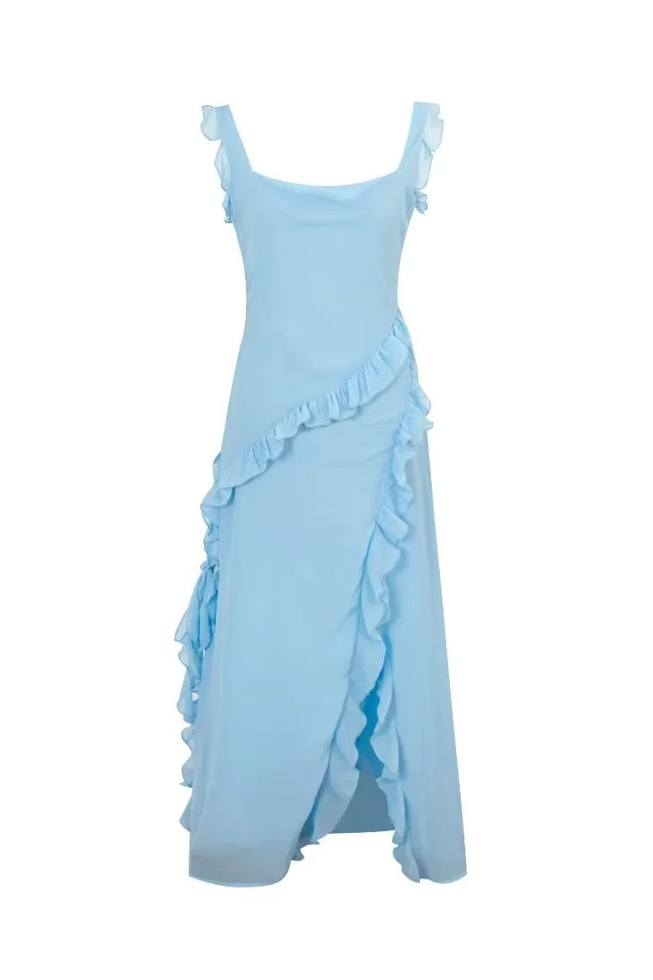 Straps Blue Ruffle Hem Long Dress with Slit