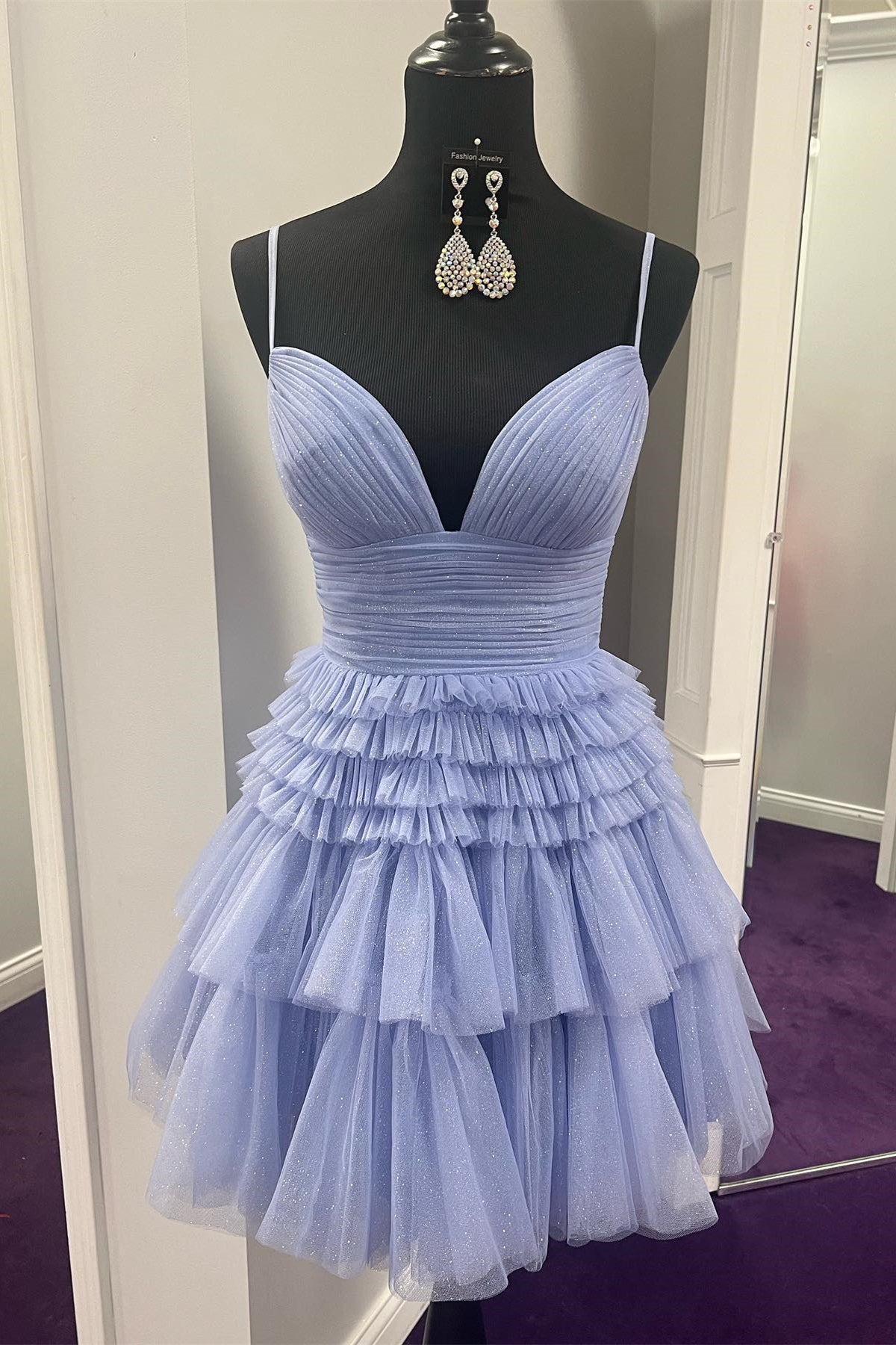 Straps Blue Tiered Ruffle A-line Short Dress PollyBoutique Straps Blue Tiered Ruffle A-line Short Dress PollyBoutique