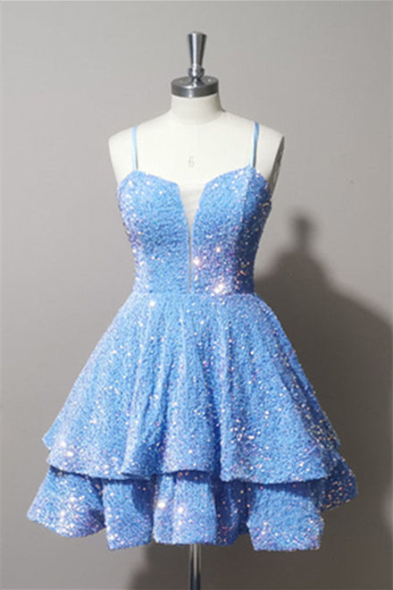 Straps Blue Tiered Sequin Short Homecoming Dress