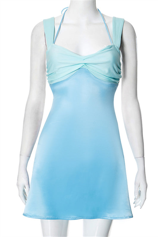 Straps Blue Tulle Splicing A-line Short Dress