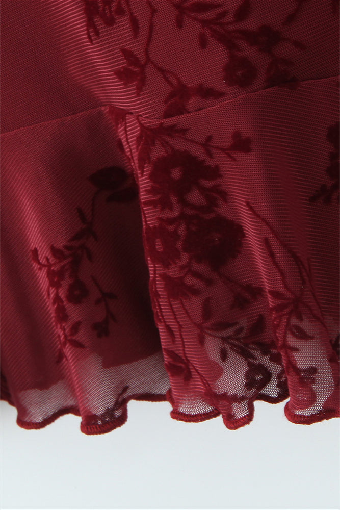 
                      
                        Straps Burgundy Flocked Floral Mesh Short Dress
                      
                    