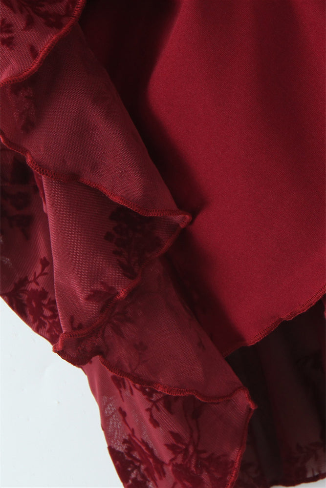 
                      
                        Straps Burgundy Flocked Floral Mesh Short Dress
                      
                    
