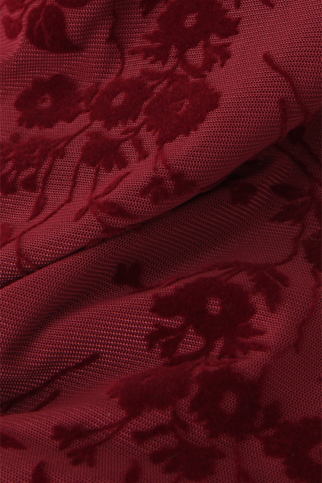 
                      
                        Straps Burgundy Flocked Floral Mesh Short Dress
                      
                    