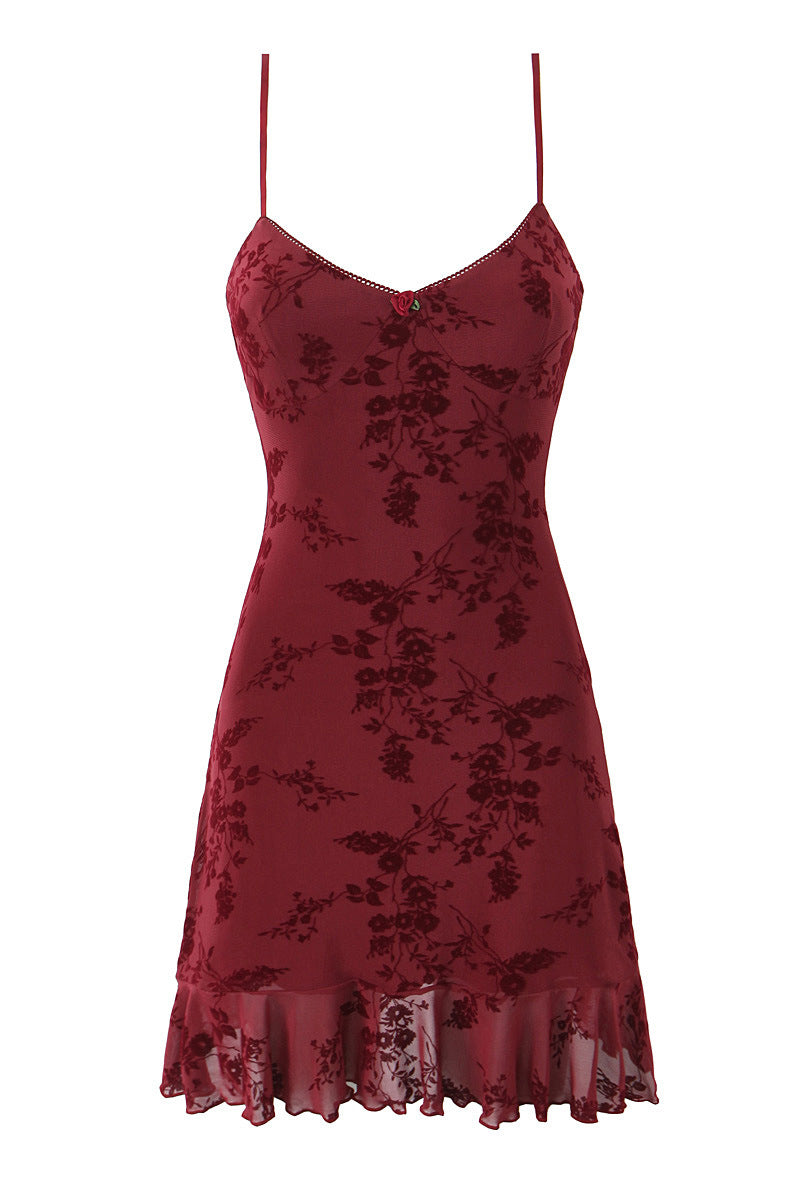 Straps Burgundy Flocked Floral Mesh Short Dress