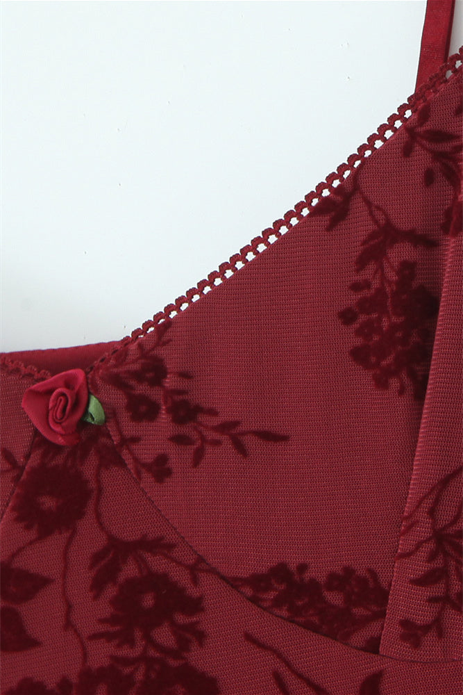 
                      
                        Straps Burgundy Flocked Floral Mesh Short Dress
                      
                    