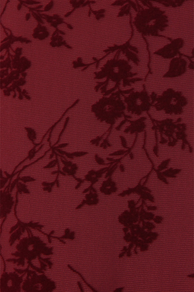 
                      
                        Straps Burgundy Flocked Floral Mesh Short Dress
                      
                    