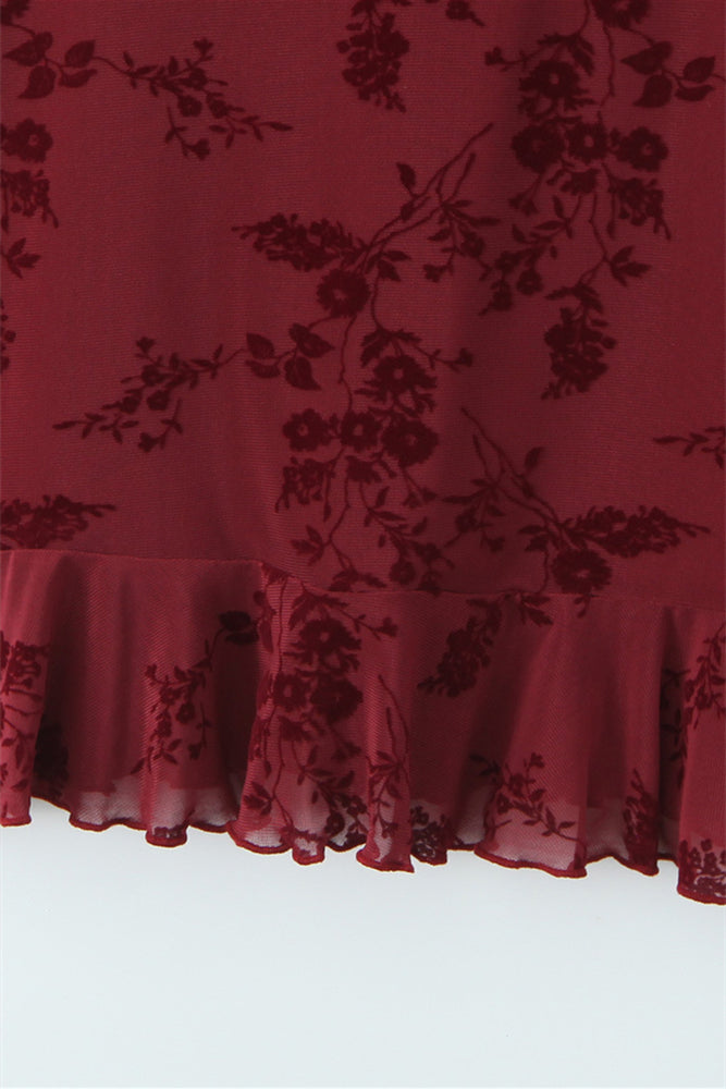 
                      
                        Straps Burgundy Flocked Floral Mesh Short Dress
                      
                    