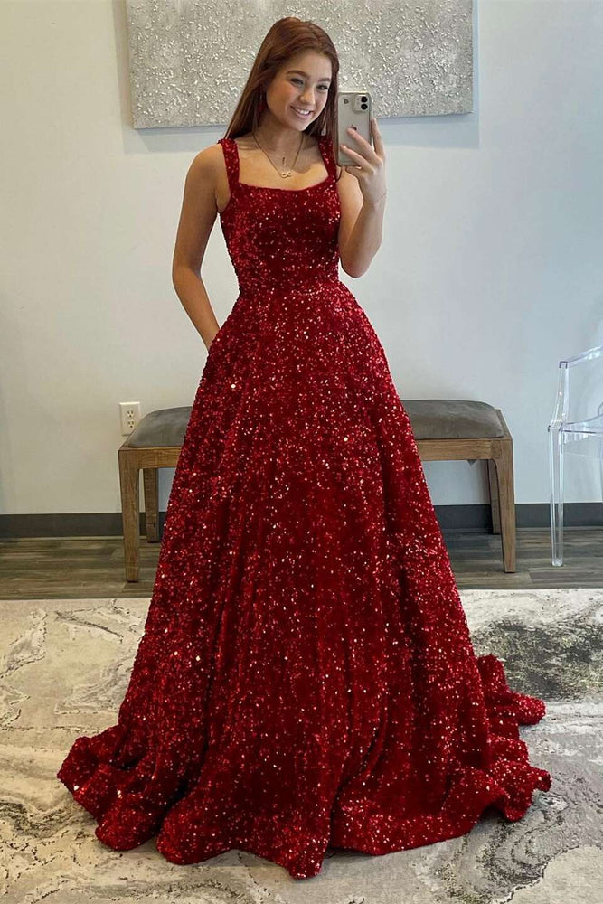 
                      
                        Straps Burgundy Sequin A-line Long Dress
                      
                    