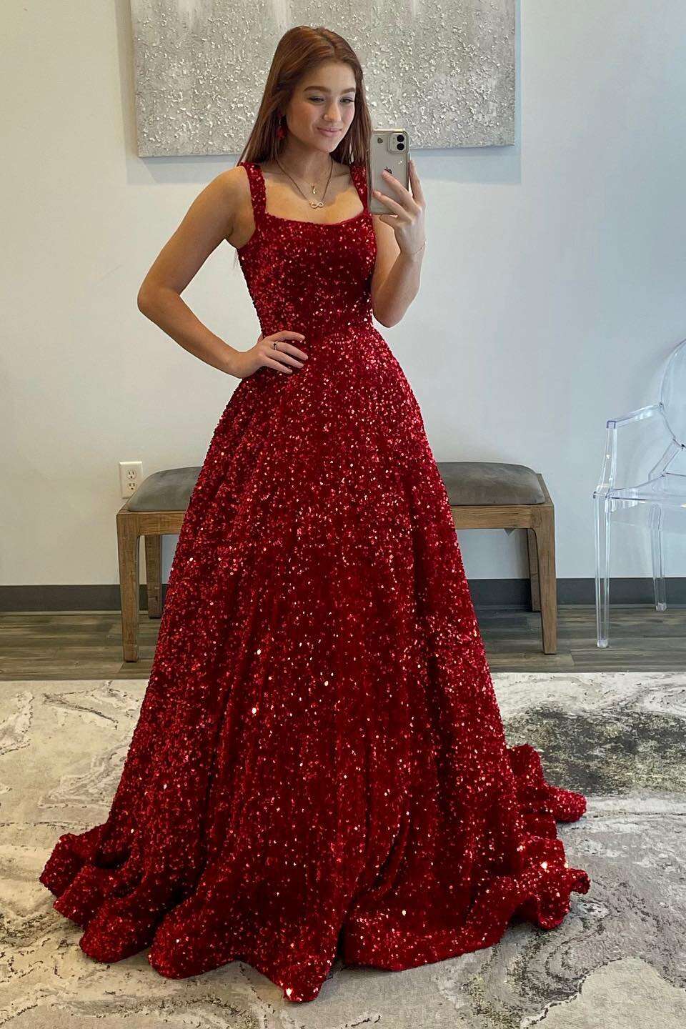 Straps Burgundy Sequin A-line Long Dress