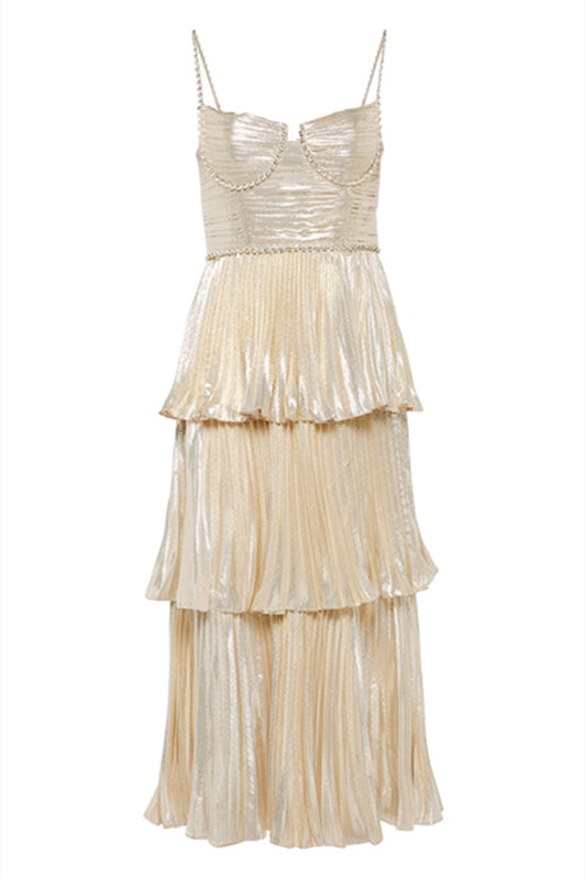 Straps Champagne Pleated Tiered Long Dress