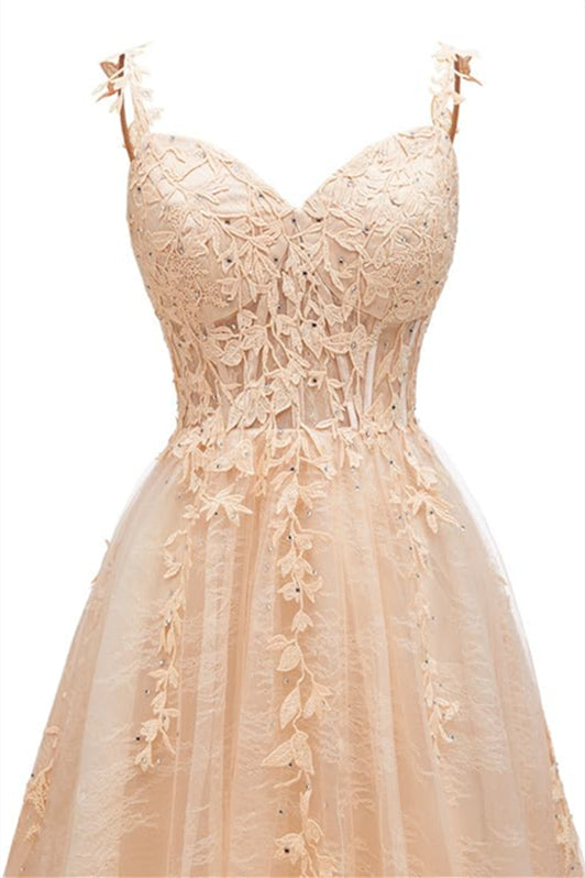 Straps Champagne Lace Appliques Short Dress