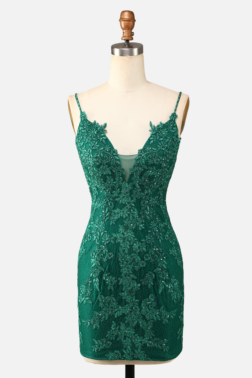 Straps Dark Green Appliques Bodycon Short Dress