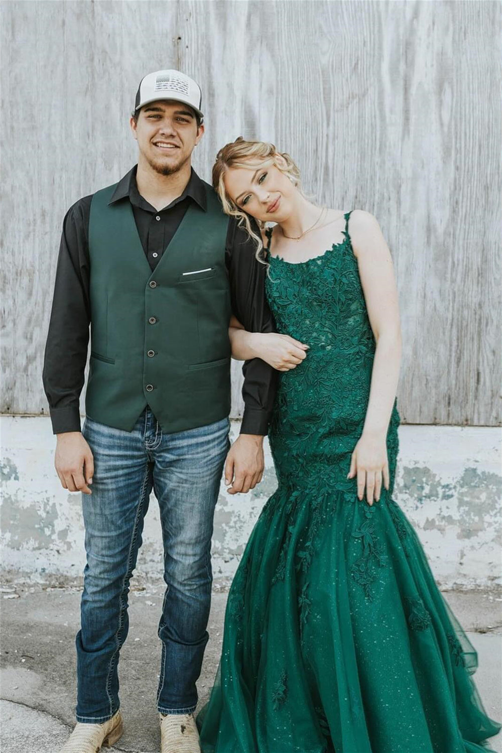 Straps Emerald Appliques Mermaid Tulle Long Dress