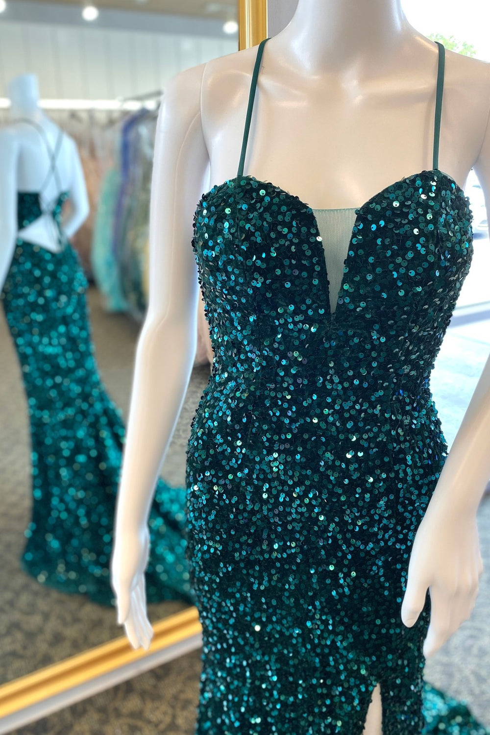 Straps Emerald Green Sequin Mermaid Long Formal Dress