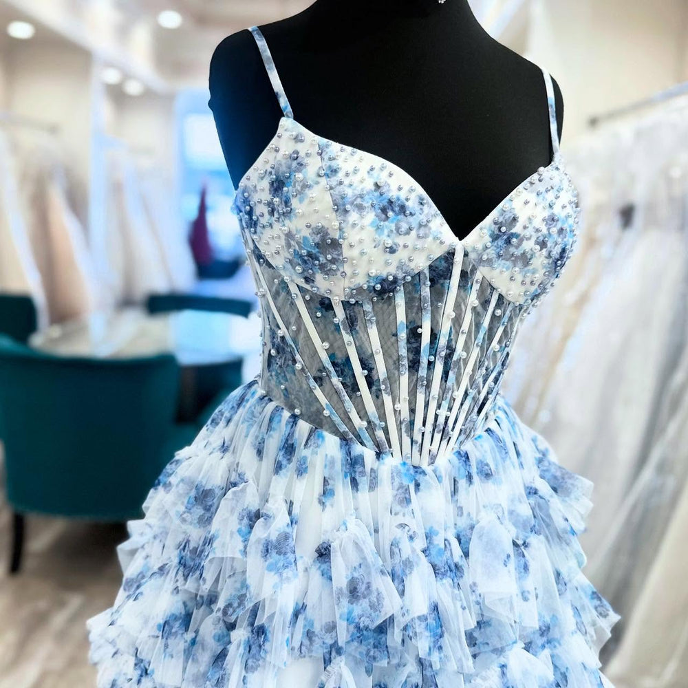 
                      
                        Straps Floral Print Tiered Short Dress with Pearls
                      
                    