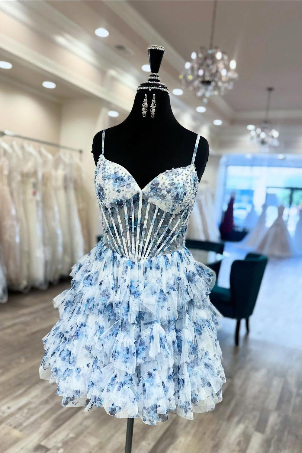 Straps Floral Print Tiered Short Dress with Pearls