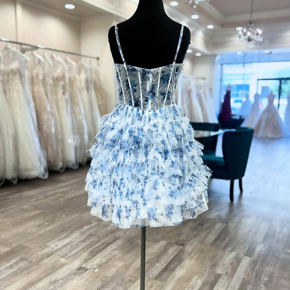 
                      
                        Straps Floral Print Tiered Short Dress with Pearls
                      
                    