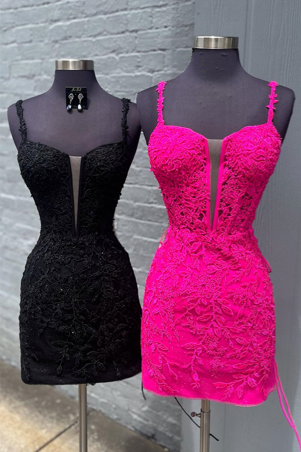 Straps Hot Pink Appliques Bodycon Short Dress