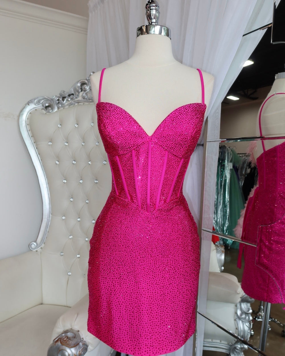 Straps Hot Pink Beaded Bodycon Short Dress