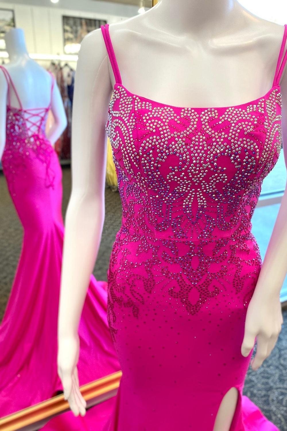 Straps Fuchsia Beaded Mermaid Long Formal Dress