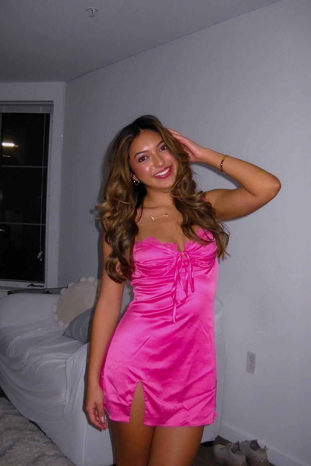 Straps Fuchsia Lace Bust A-line Short Dress with Slit