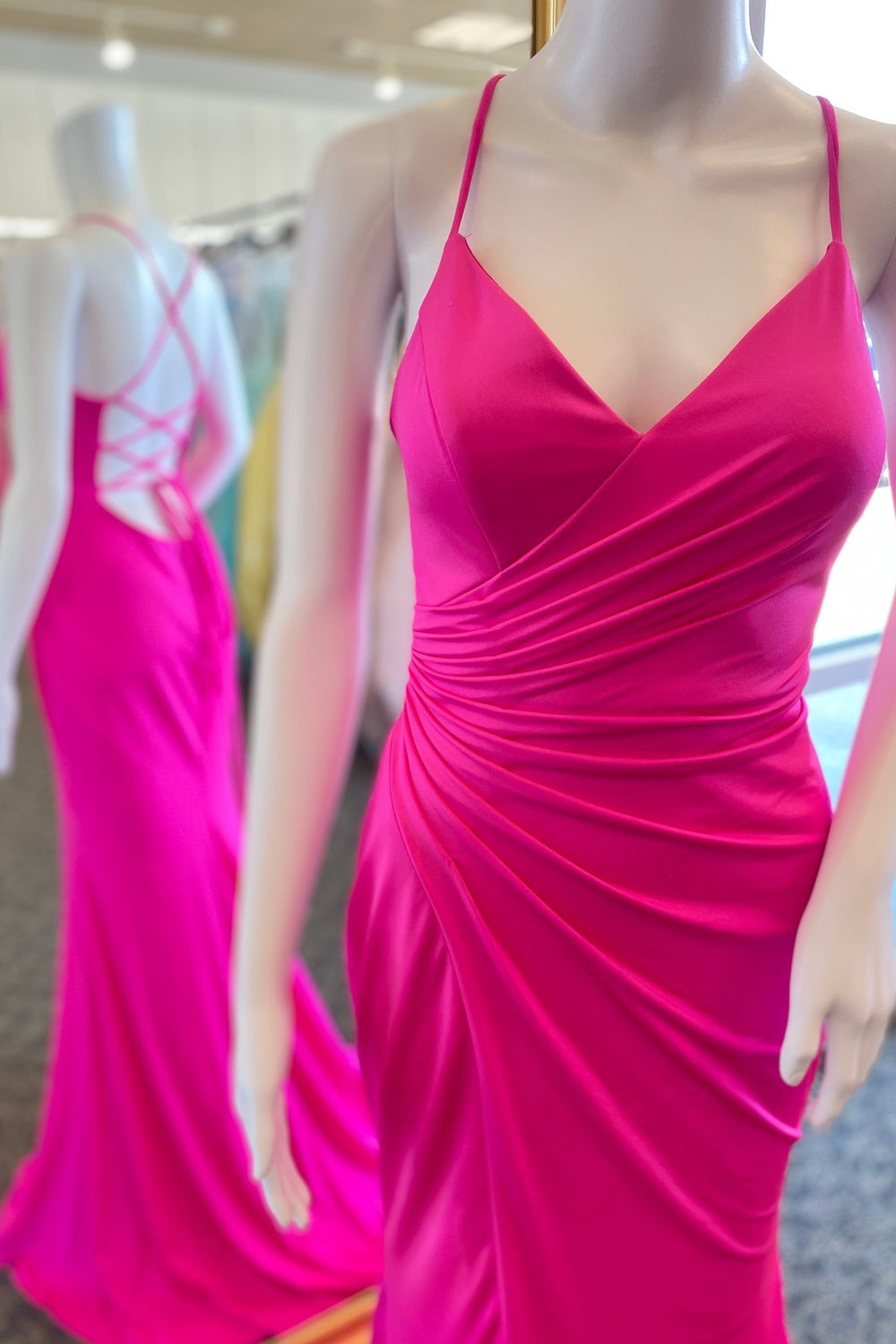 Straps Fuchsia Ruched Mermaid Long Formal Dress