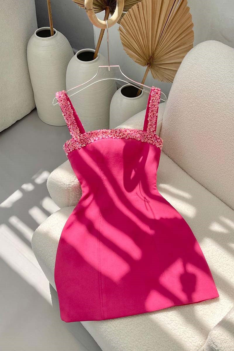 Straps Fuchsia Sequin A-line Short Dress