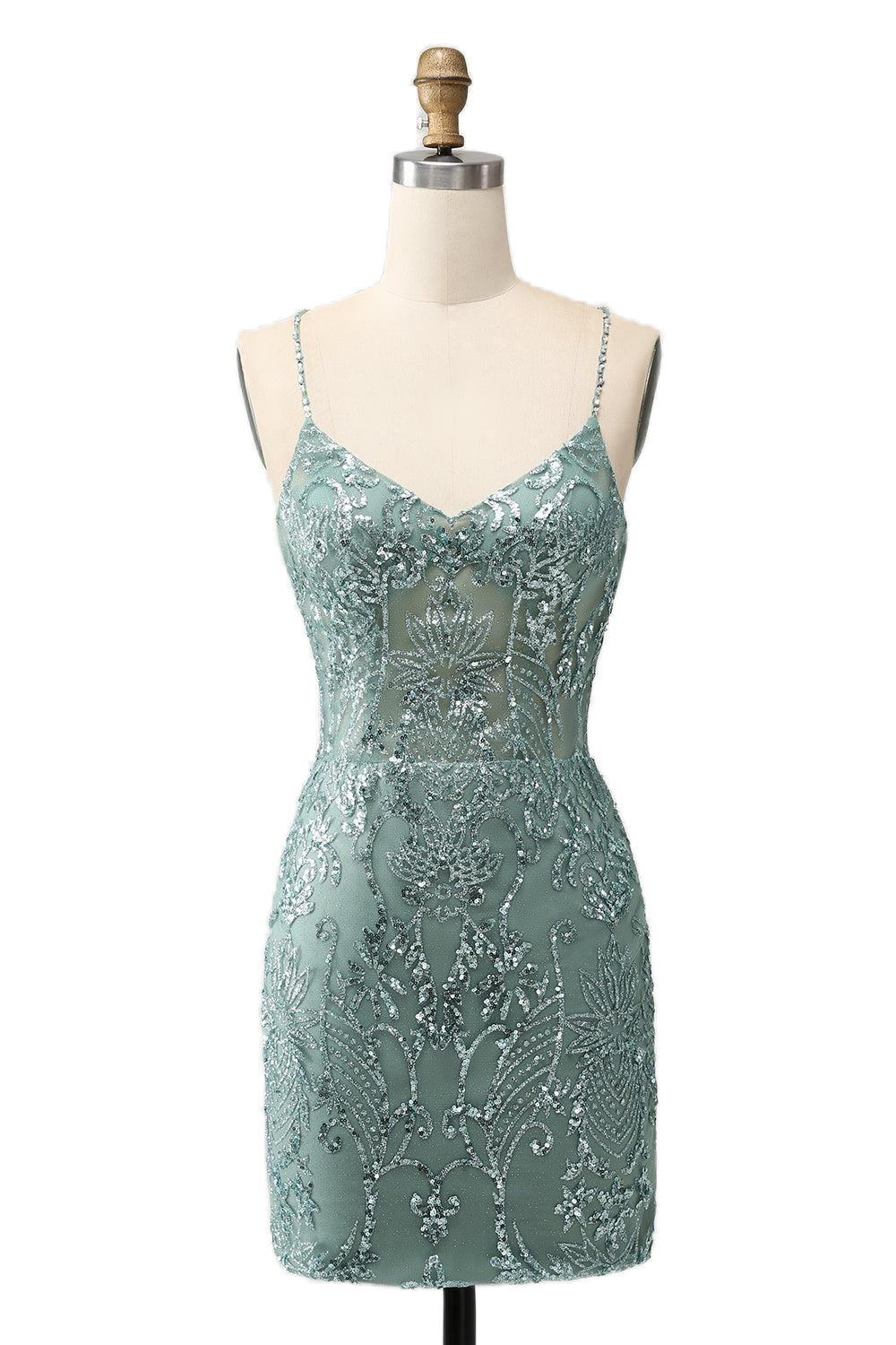 Straps Green Beaded Bodycon Short Dress