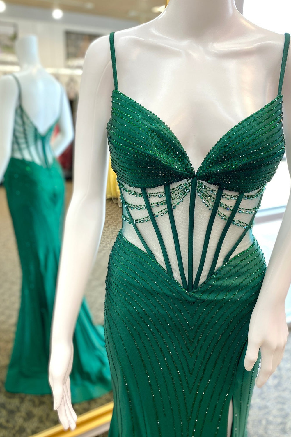 Straps Green Beaded Mermaid Long Formal Dress