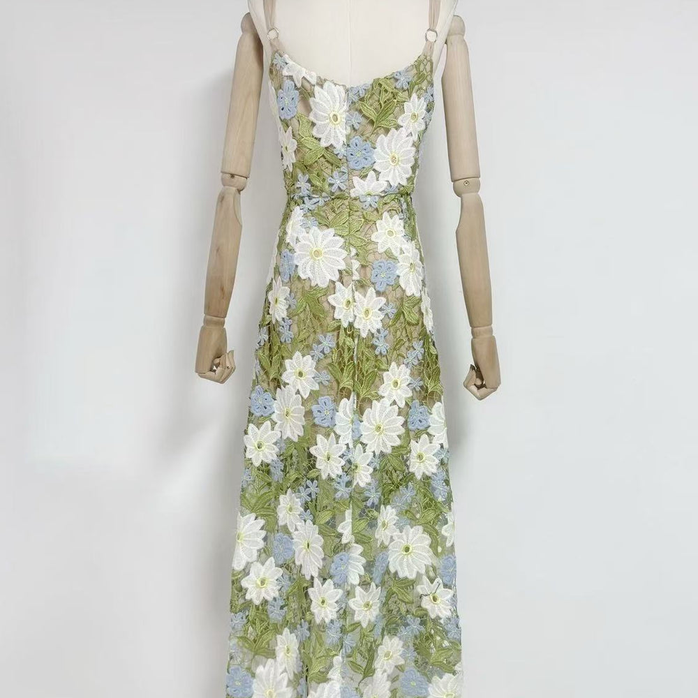 
                      
                        Straps Green Floral Appliques A-line Long Dress
                      
                    