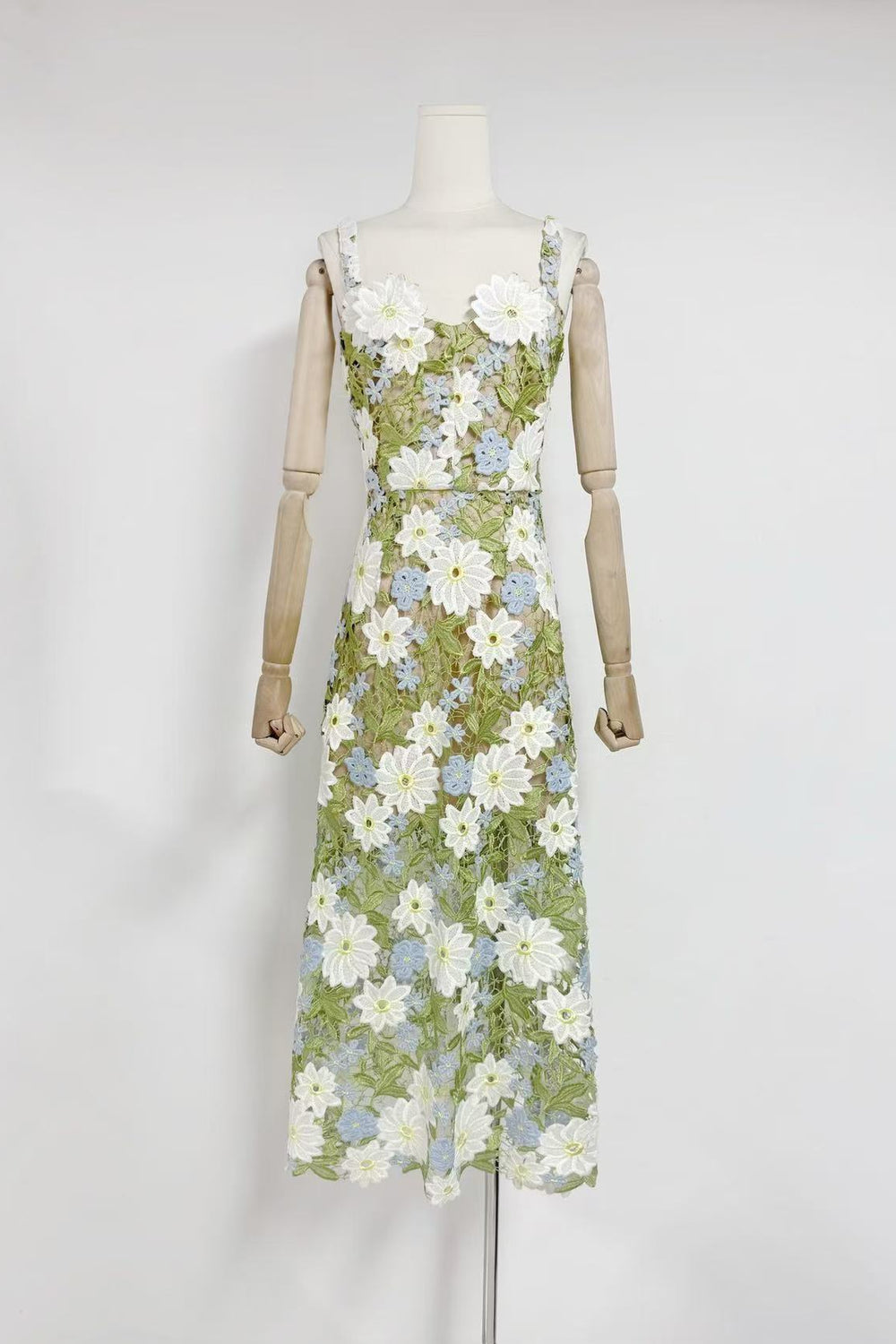 Straps Green Floral Appliques A-line Long Dress