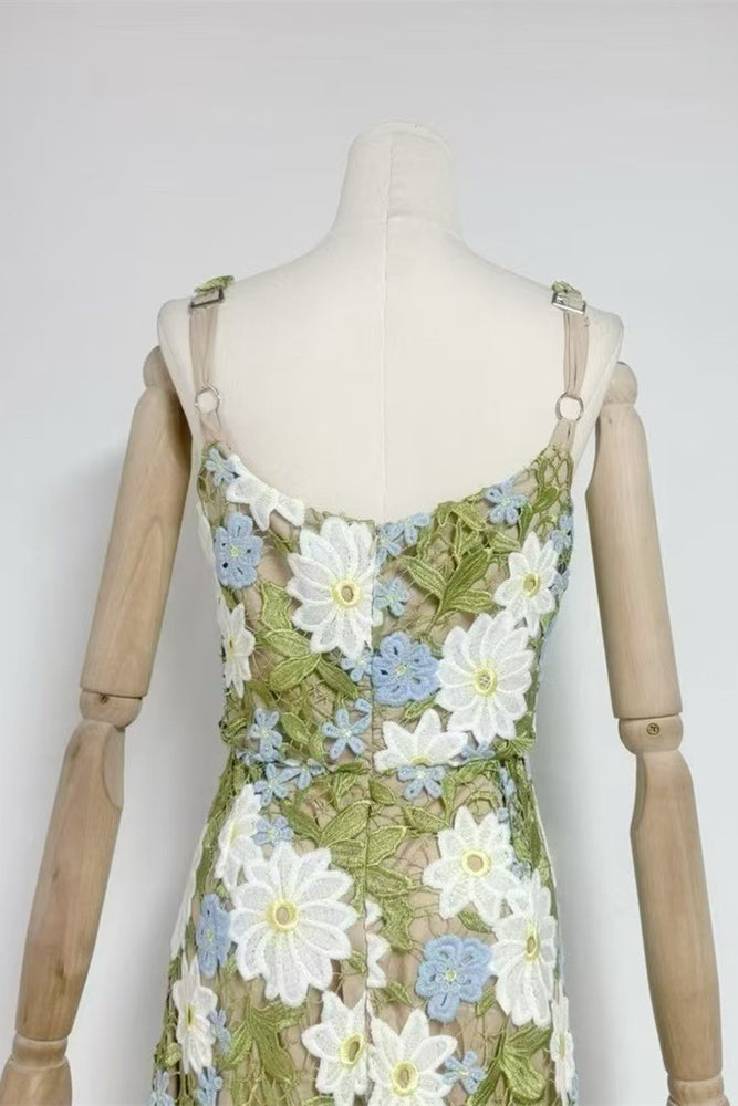 
                      
                        Straps Green Floral Appliques A-line Long Dress
                      
                    